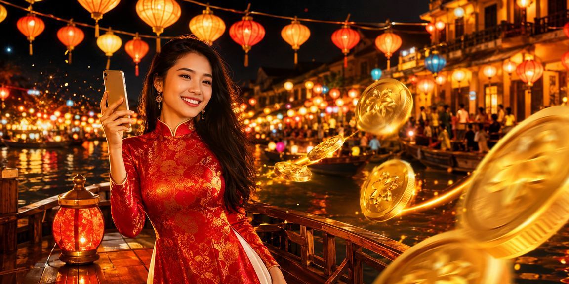 Người mặc áo dài tại Hội An chơi casino trên điện thoại di động vào buổi tối