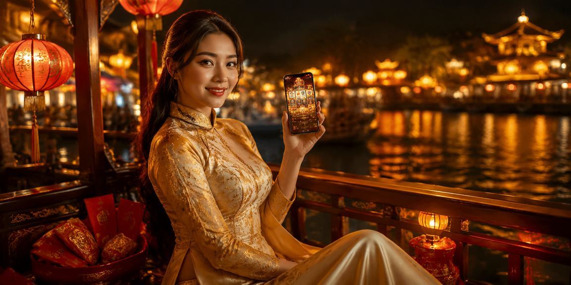 Người chơi trải nghiệm máy slots tại Huế với trang phục áo dài đặc trưng